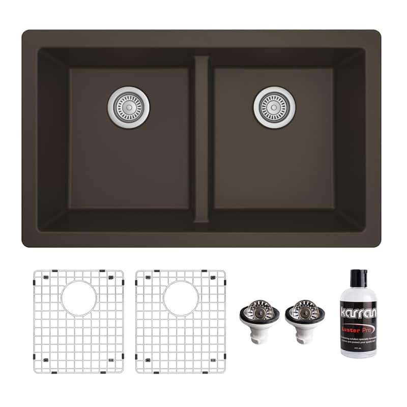 Karran 32" Undermount Double Equal Bowl Quartz Kitchen Sink Kit - 32" x 19.5" x 9" - Brown