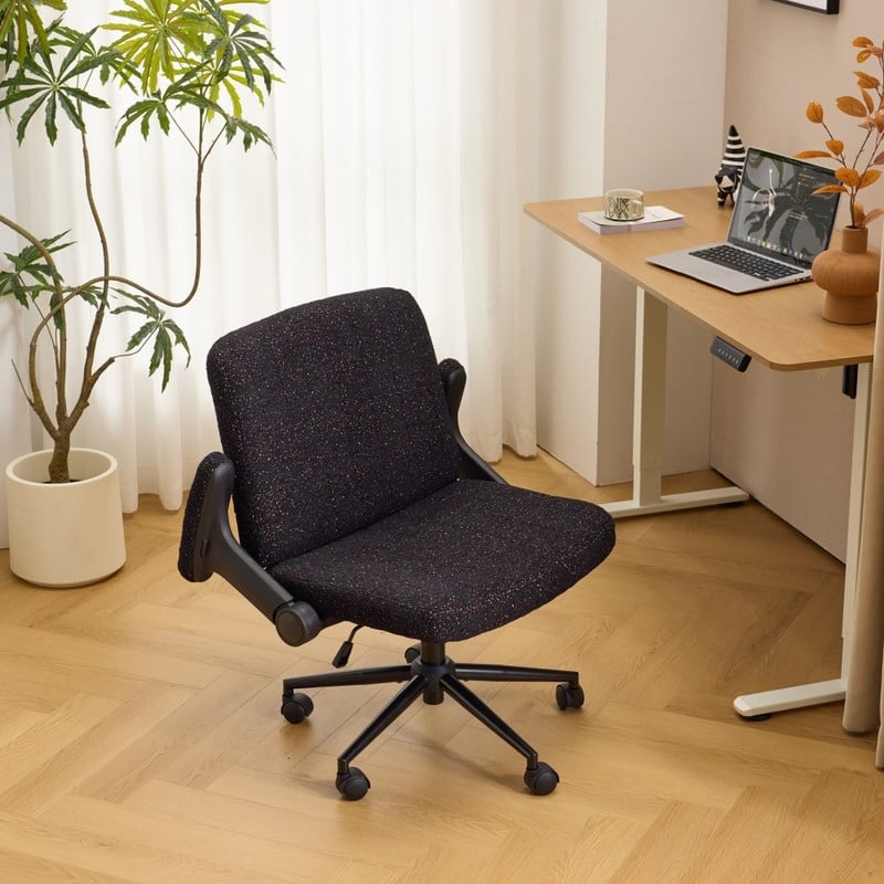 Speckled Chenille Swivel Chair With Flip-Up Arms For Cross-Legged