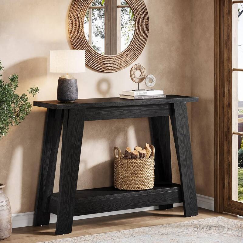41.3" Farmhouse Console Table, 2-Tier Wooden Entryway Table with Storage - 41.3" W x 11.8" D x 31.3" H - Black