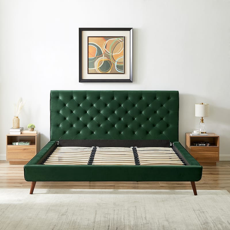 Annalisa Mid-Century Modern Velvet Platform Bed Dark Green