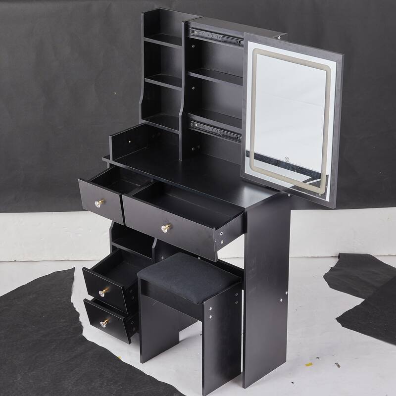 Dressing Table Stool Set with Brightness Adjustable Touch LED Mirror