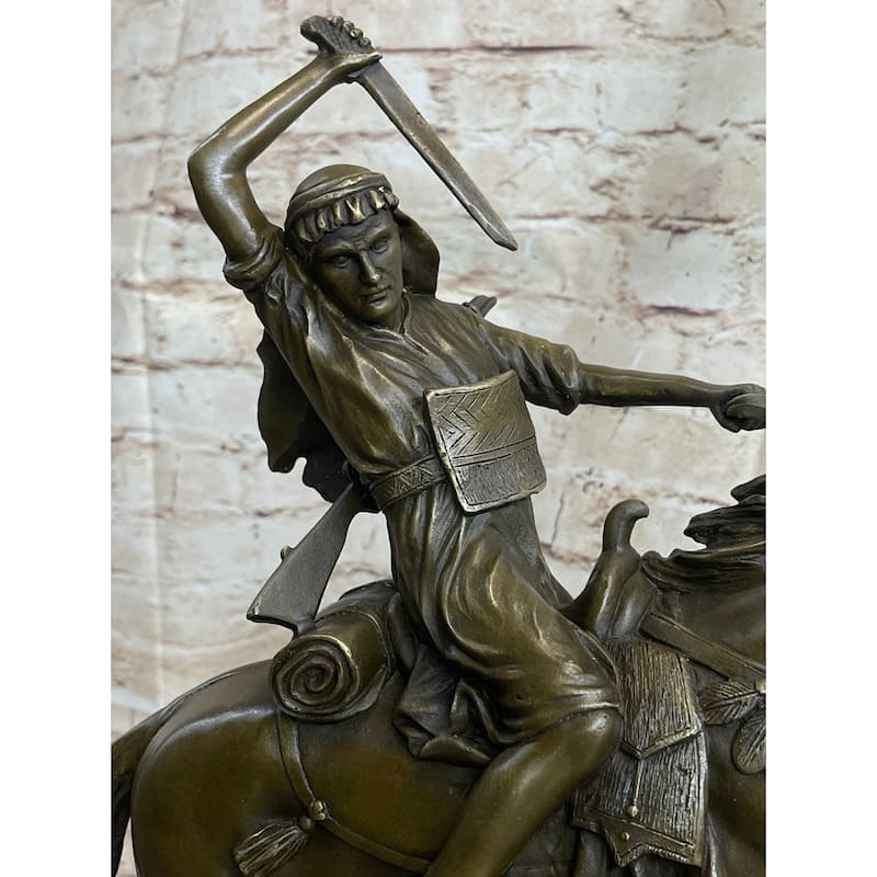 Arabian Arab Warrior On Imitative Horseback Bronze Statue Sculpture Figure On Marble Base