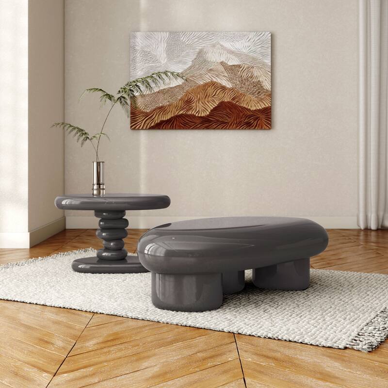 24/7 Shop At Home Modern 2-Piece Oval Glossy Low Profile Coffee Table Set - Dark Grey