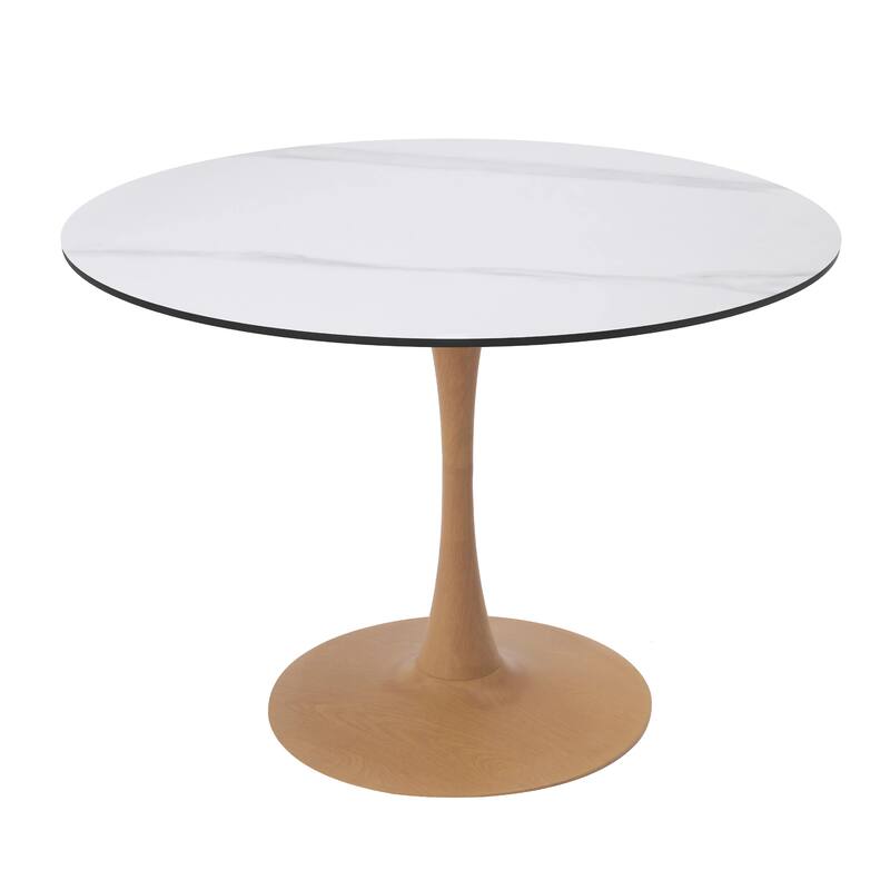 Bristol 40" Round Dining Table with MDF Top and Natural Wood Steel Pedestal Base for Modern Kitchen and Dining Room - White