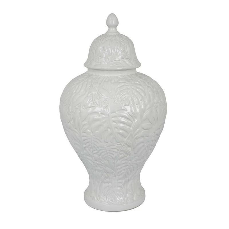 Deni 18 Inch Temple Jar, Embossed Design, Removable Lid, White Finish - White