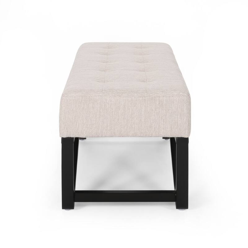 Liba Ottoman Bench, Button Tufted Beige Fabric, Black Frame, 47 Inch