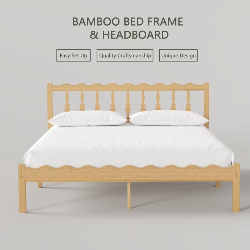 Solid Bamboo Bed Frame with Headboard, Heavy Duty Metal Slat Support, Easy Assembly