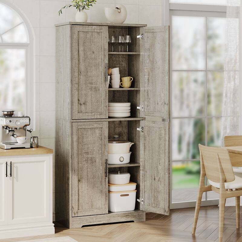 70'' Tall Kitchen Pantry Cabinet, Freestanding Storage Cabinet with 4 Doors and Adjustable Shelves - Grey