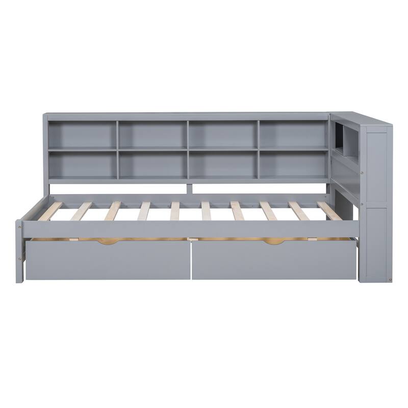 Wood Twin/Full Size DayBed with 2 Drawers, Storage Shelf and USB Charging Ports