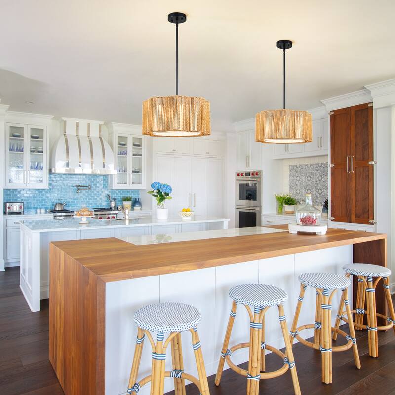 Farmhouse 1-Light Drum Pendant Light with Woven Shades - Black