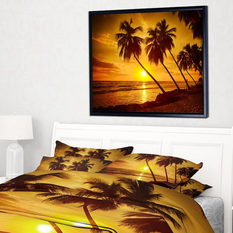 Designart "Beach Sunset in Island Barbados" Modern Seascape Framed Canvas Artwork Print