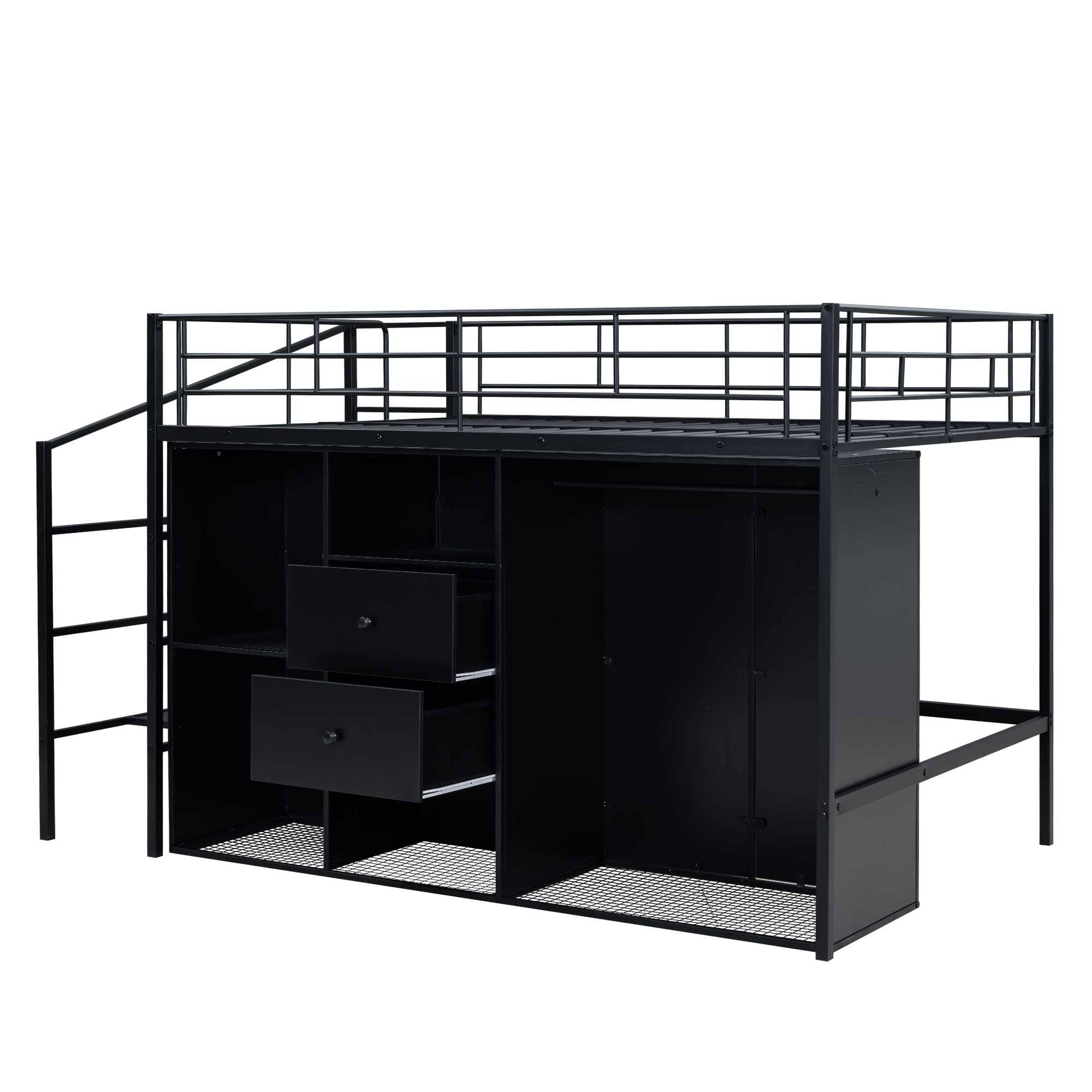Full Metal Loft Bed w/Drawers, Storage Staircase&Small Wardrobe, Black ...