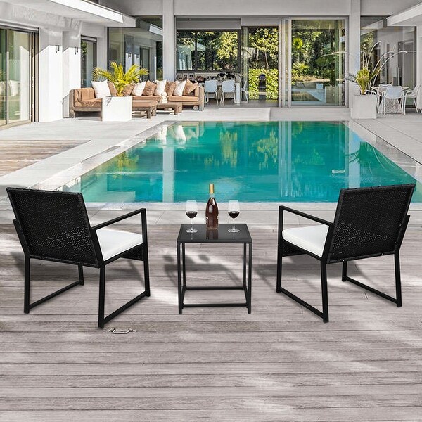 3PCS Patio Rattan Furniture Set Chairs with Cushions and Coffee