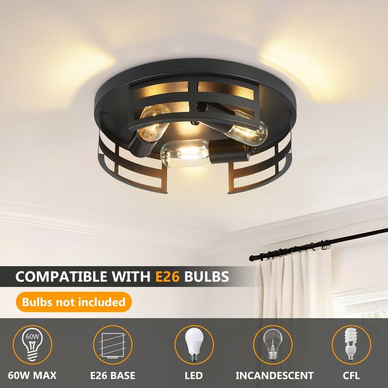 3-Light Black Farmhouse Flush Mount Ceiling Light-2 Pack For Bedroom/Living Room(Matte Black)