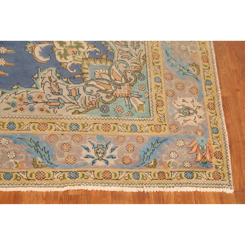 Hand Knotted Oriental 100% Wool Carpet Traditional Floral Navy Blue & Blues Tabriz Area Rug - 9' 10'' X 6' 7''