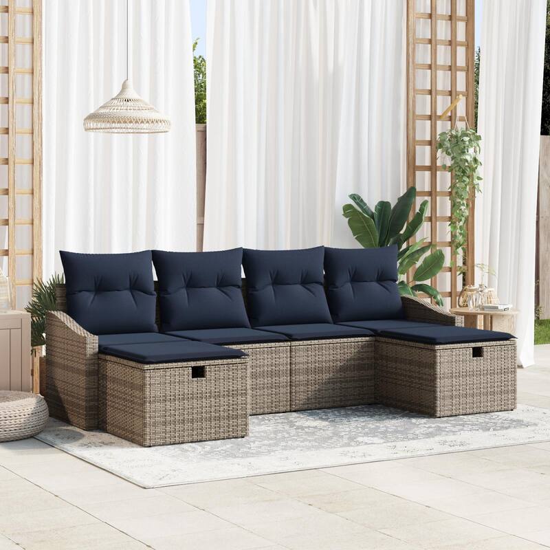 vidaXL 6 Garden Sofa Set with Cushions Black/Brown/Grey Poly Rattan - 98.8 x 46.1 x 27.2 - Grey