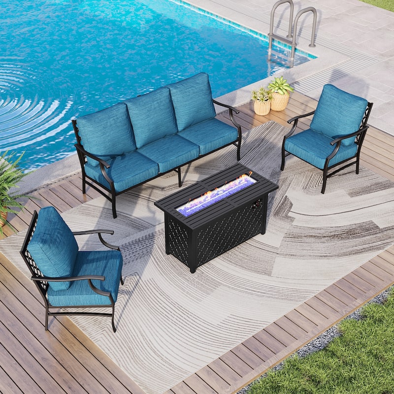 MAISON ARTS Outdoor Sofa Set 4/6-Piece Patio Conversation Set with 45'' Gas Fire Pit Table - Set 1 - Peacock Blue