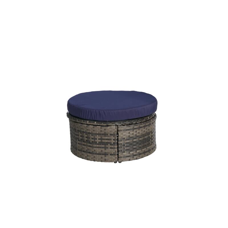 5-Piece Round Wicker Patio Daybed Set with Retractable Canopy, Cushioned Sofa and Ottomans, Hidden Coffee Table