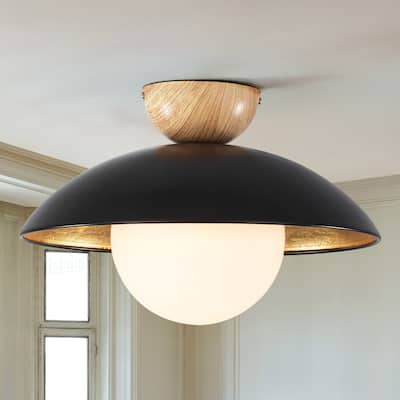 1-Light Modern Black Dome Gold Leaf Semi-Flush Mount Light w/Opal Glass Globe Bubble Shade - 14.5 in. W x 9.8 in. H