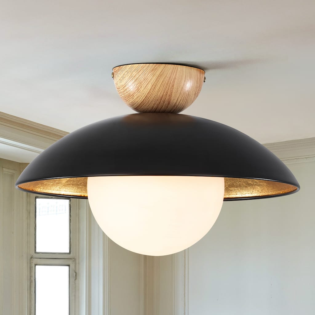 1-Light Modern Black Dome Gold Leaf Semi-Flush Mount Light w/Opal Glass Globe Bubble Shade - 14.5 in. W x 9.8 in. H