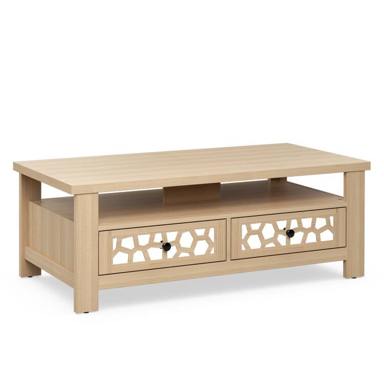3-tier Coffee Table with 2 Drawers and 5 Support Legs - 46" x 23.5" x 17" - Natural