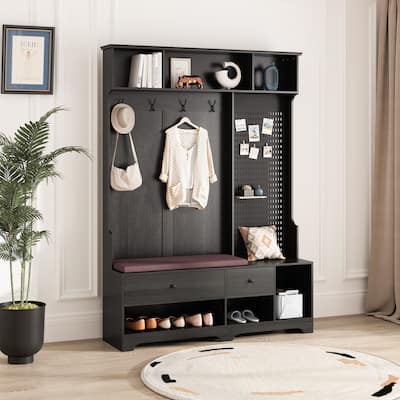 Versatile Hallway Hall Tree with Removable Linen-Cushioned Bench,Coat Rack,Ample Storage Shelves,and Customizable DIY Pegboard