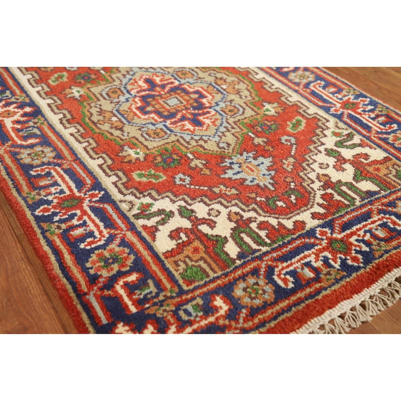 Hand Knotted Oriental 100% Wool Carpet Traditional Geometric Oranges & Rust Heriz (serapi) Runner Rug - 10' 0'' X 2' 6''