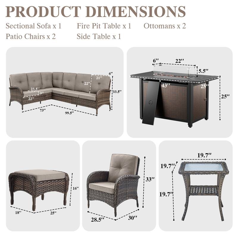 Outdoor Sectional Sofa Chairs Ottomans with Fire Pit Table -Beige - Brown