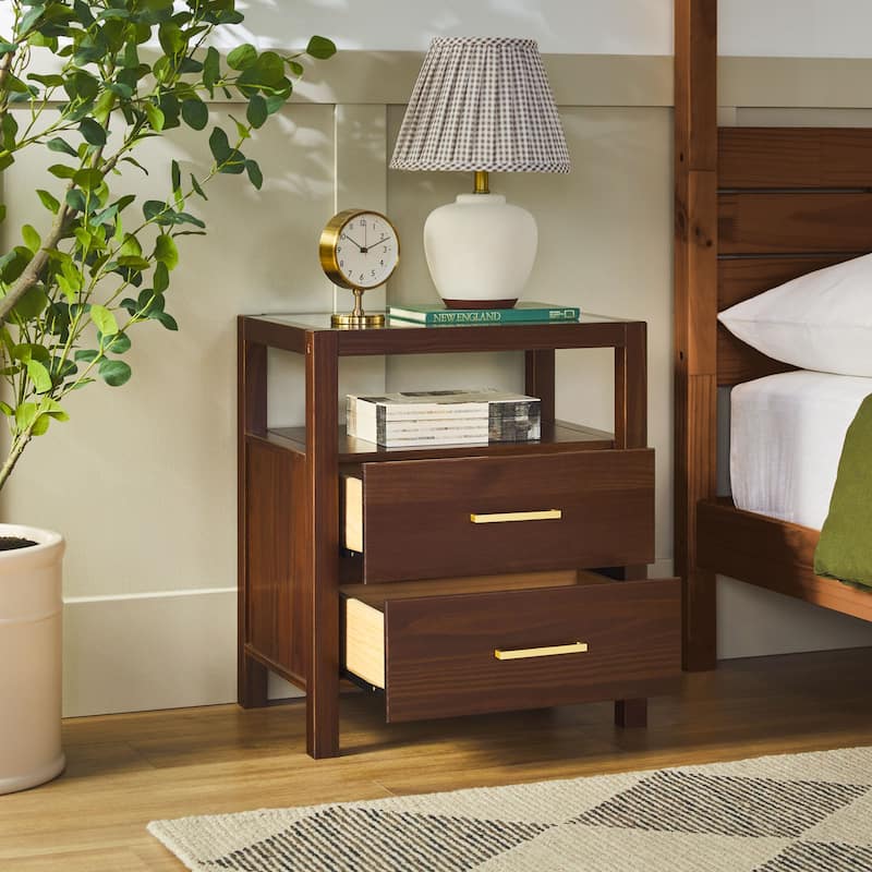 Walker Edison Solid Wood Nightstand with Tempered Glass Top
