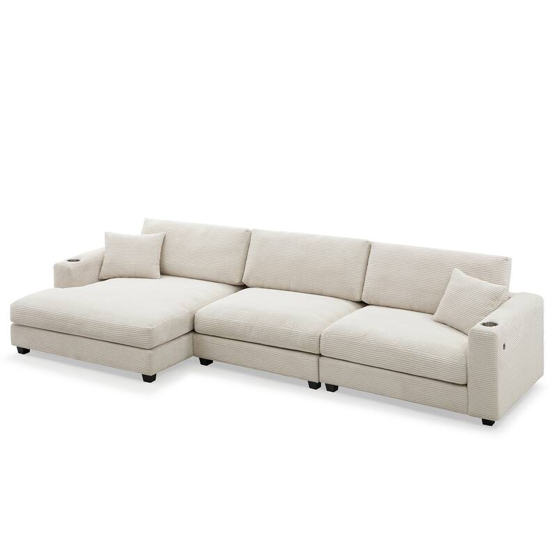 Spacious 4-Seater Corduroy Cloud Couch with Chaise, USB Charging Ports, and Cup Holders
