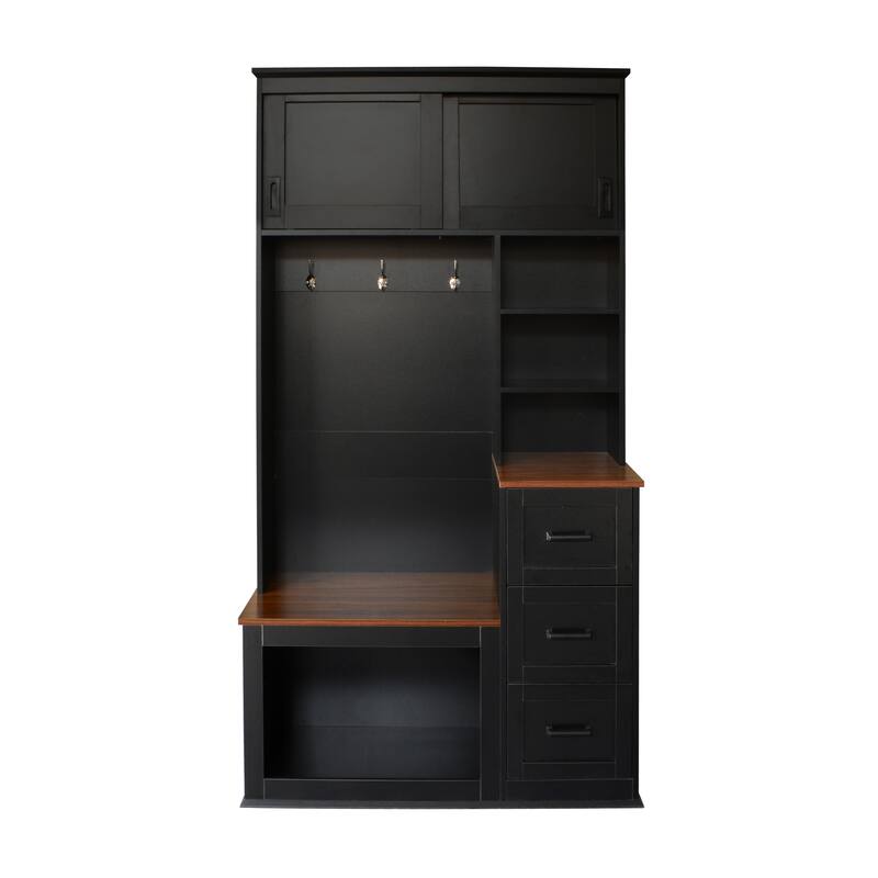 Modern Entryway Bench with Coat Rack, 3 Shelves, Drawers, 3 Hooks, and Storage