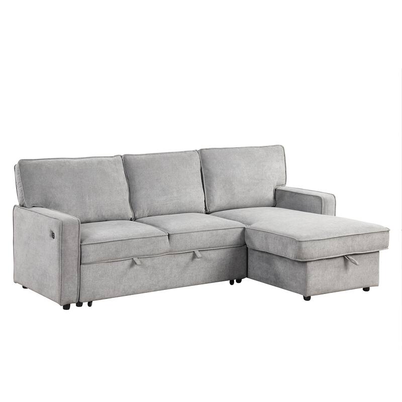 L-Shaped Convertible Sleeper Sectional Sofa with Pull Out Bed and Storage Chaise, Modular Couch Bed with Cup Holder, USB Ports