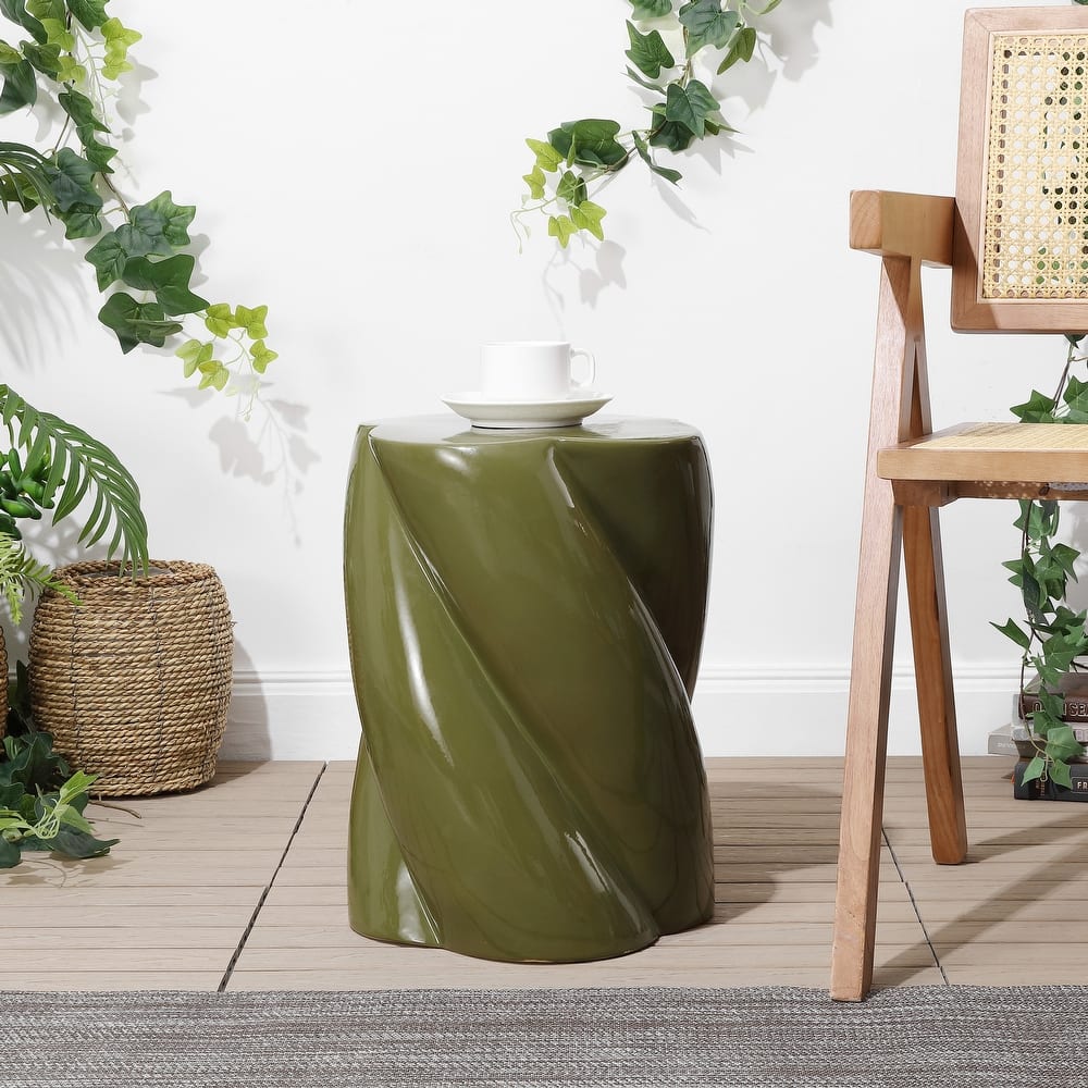 Yves 18" Modern Minimalist Rope Twist Ceramic Indoor/Outdoor Garden Stool, By JONATHAN Y