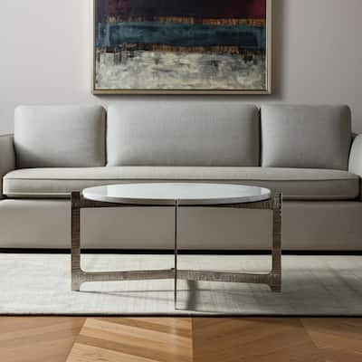 HomeRoots 30" White and Silver Genuine Marble and Aluminum Round Cross Legs Coffee Table - 30.00 in. x 15.70 in. x 30.00 in.