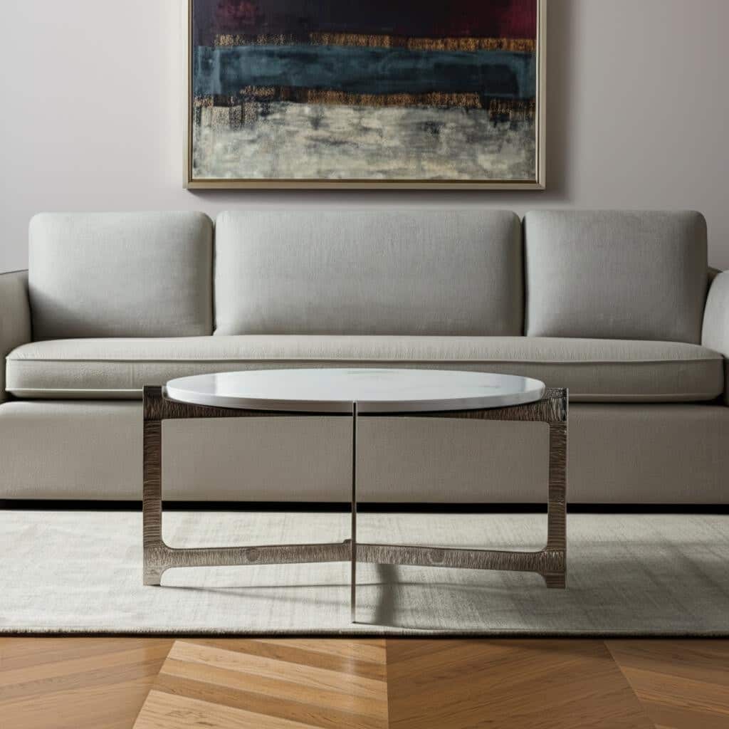 HomeRoots 30" White and Silver Genuine Marble and Aluminum Round Cross Legs Coffee Table - 30.00 in. x 15.70 in. x 30.00 in.