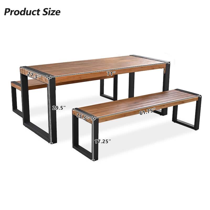 3-Piece Outdoor Dining Set With 2 Benches,Unique Top Texture,Acacia Wood Top & Steel Frame,For Outdoor & Indoor,Natural