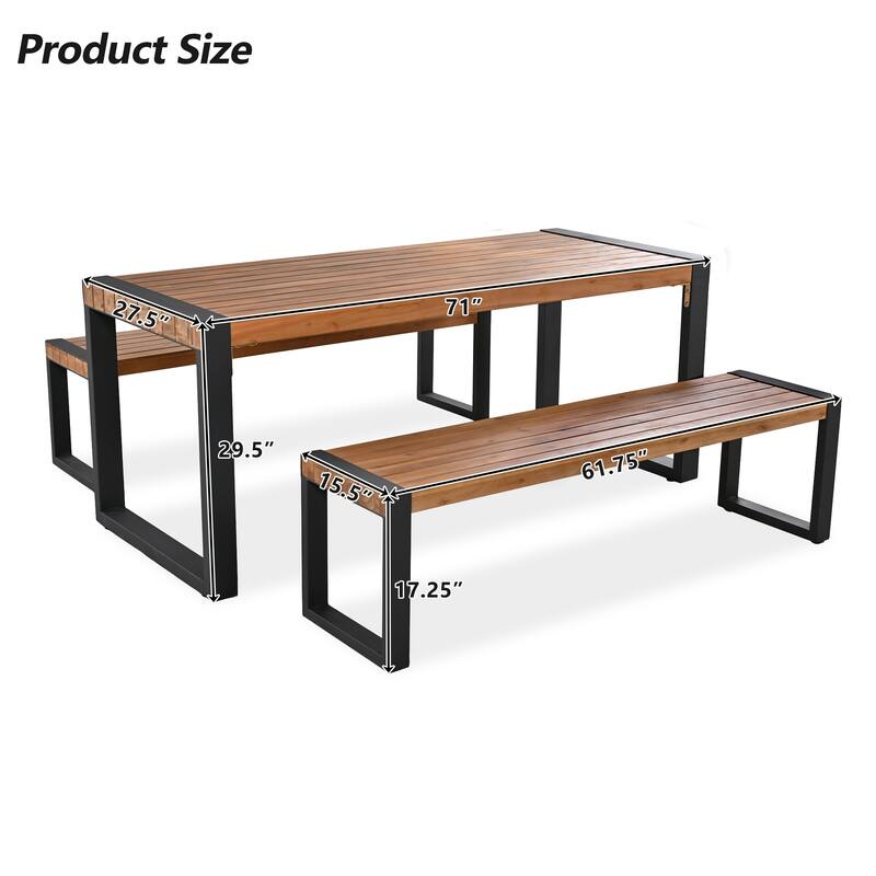3-Piece Outdoor Patio Dining Table Set with 2 Benches, Courtyard Casual Dining Table, Poolside Picnic Beer Table