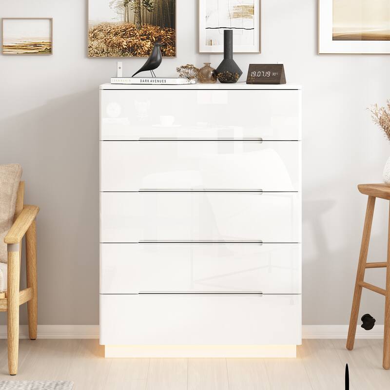 31.5" High Gloss Chest With Light Chest w/5 Drawers&Spacious Tabletop