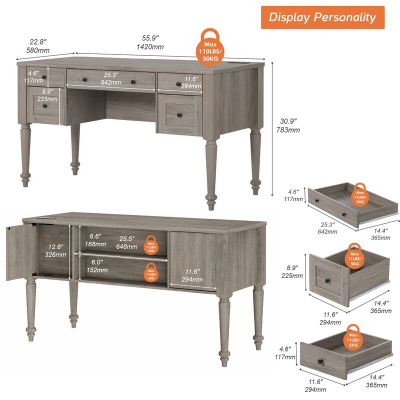 56'' Farmhouse Executive Desk with Drawers White/Oak - 5 Drawers and 2 Doors