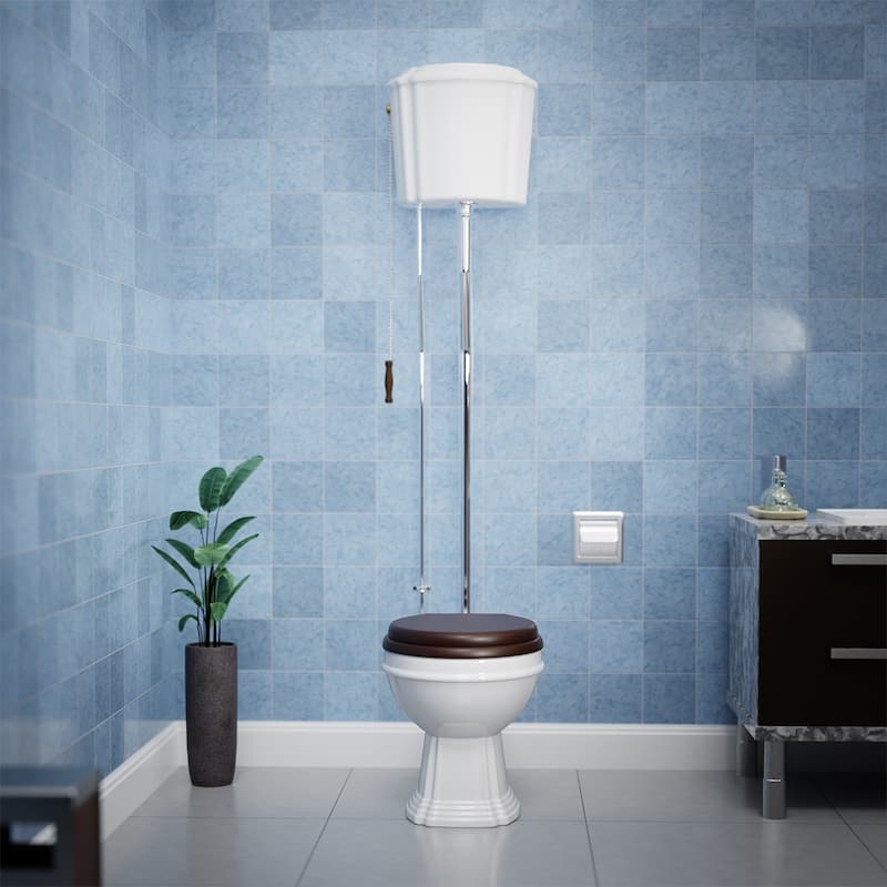 Aspen White Ceramic High Tank Pull Chain Toilet Elongated Rear Entry Bowl and Chrome L Pipes 74 to 78" Height