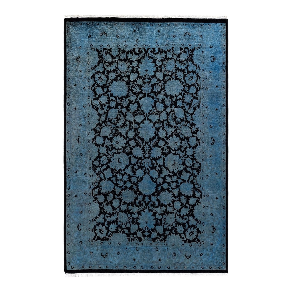 Overton Hand Knotted Wool Vintage Inspired Modern Contemporary Overdyed Blue Area Rug - 4' 2" x 6' 4"