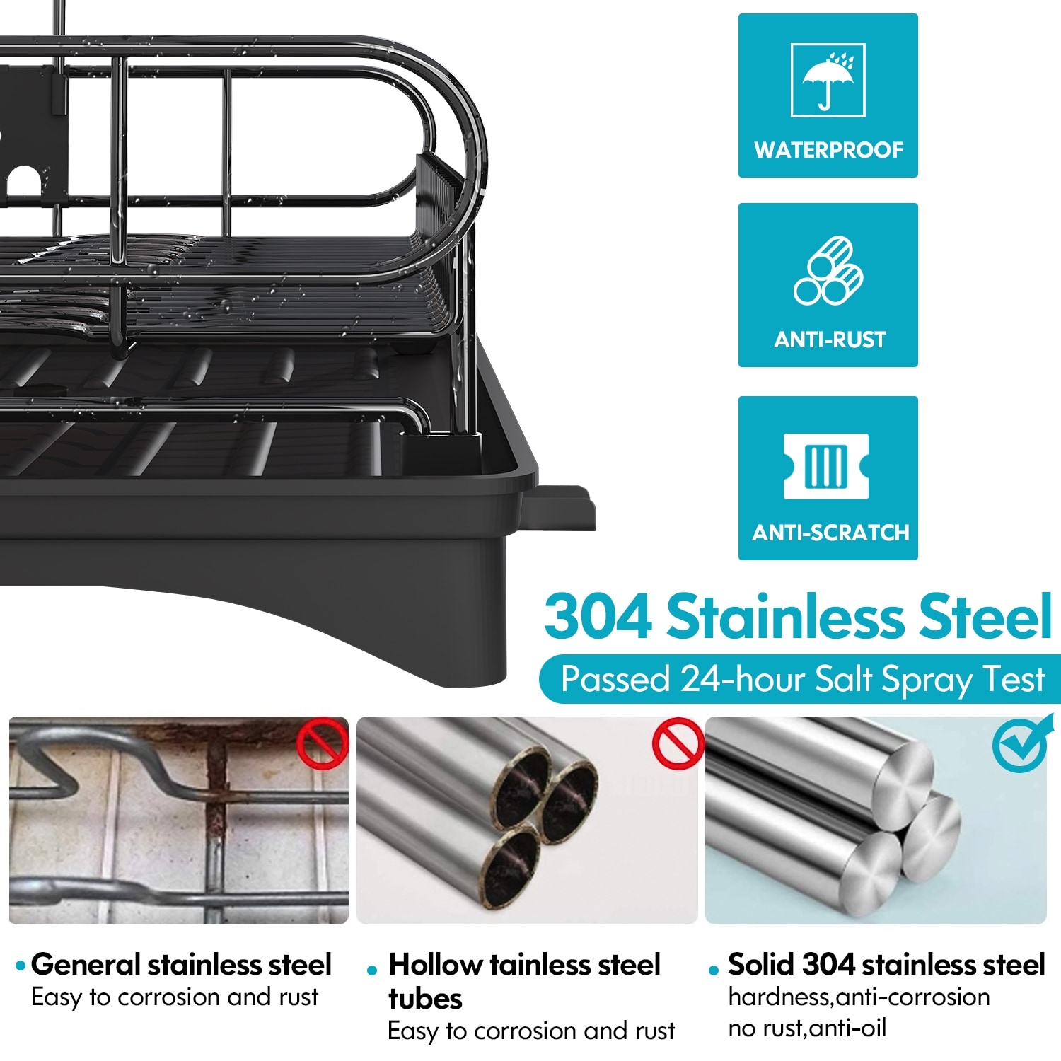 JASIWAY 2 Tier Kitchen Stainless Steel Dish Rack with Cutlery Holder and Drainboard - Black