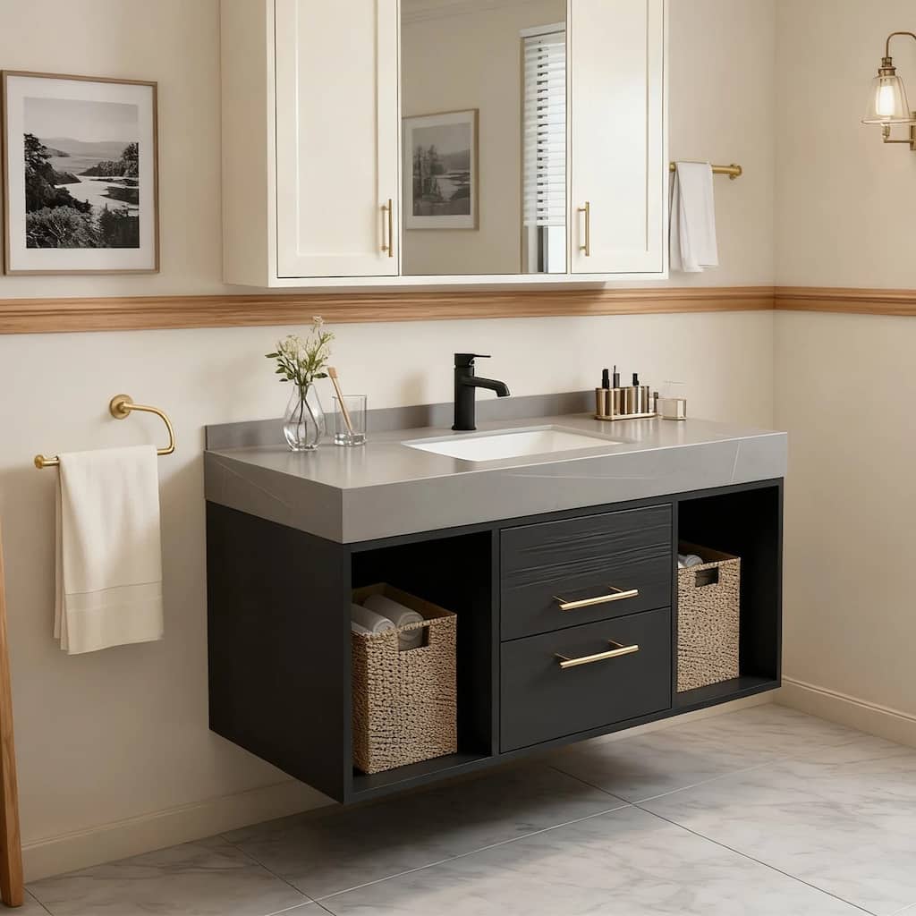 Modern Wall-Mounted Bathroom Vanity with Faux Marble Top