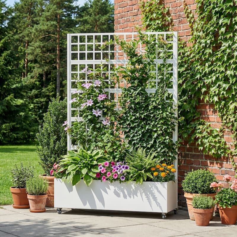 Movable Raised Garden Bed with Trellis and Lockable Wheels - White-Rectangle - 72"x47"