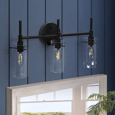 Modern 3-Light Matte Black Dimmable Bathroom Vanity Lights Cylinder Shade Wall Sconces with Clear Glass - 20" L x 6" W x 10.5" H