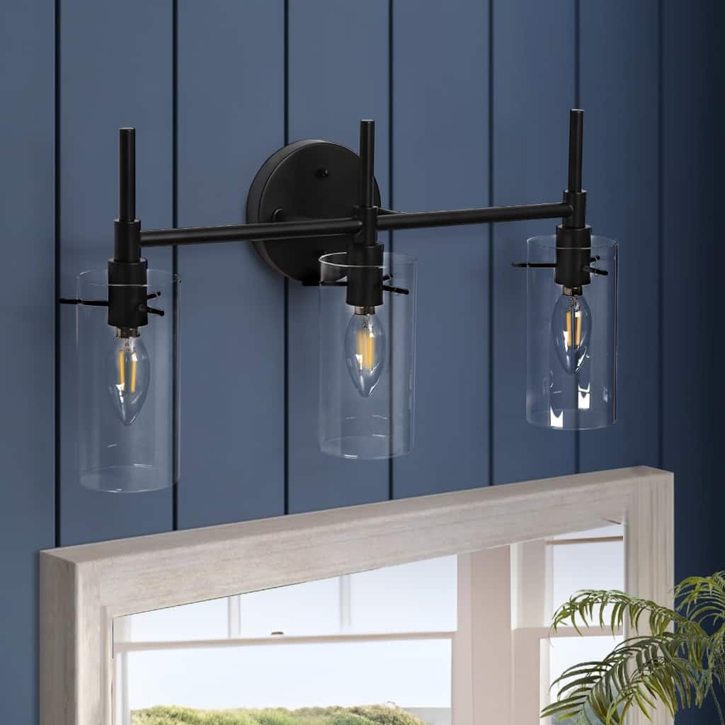 Modern 3-Light Matte Black Dimmable Bathroom Vanity Lights Cylinder Shade Wall Sconces with Clear Glass - 20" L x 6" W x 10.5" H