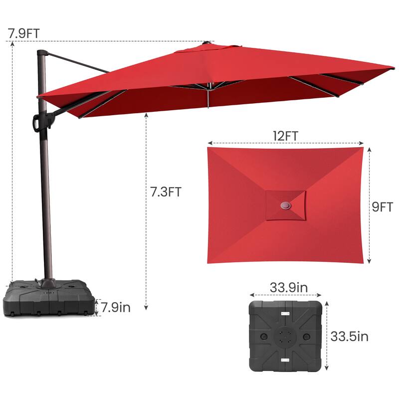 9 x 12 ft Outdoor Patio Cantilever Offset Umbrella with Heavy Duty Sand Water Fillable Base