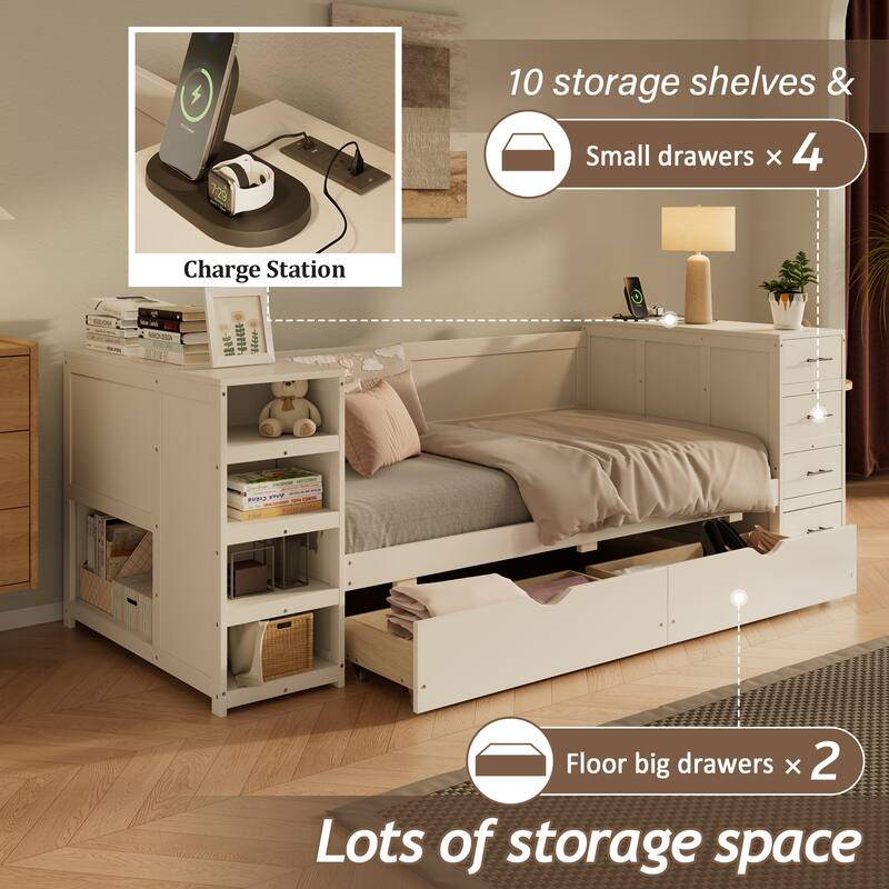 Twin Size Daybed with Side Shelves & Drawers, Storage Bed Frame with Charging Station, Drawer or Trundle Design Optional