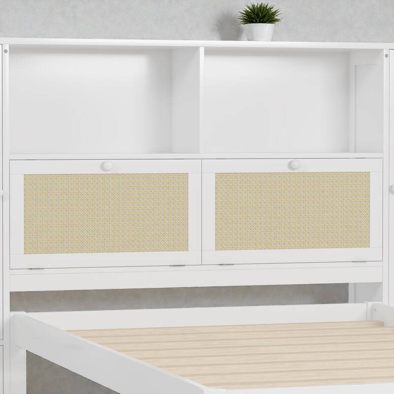 Twin Size Wooden Platform Bed with Rattan Headboard, Storage Lockers, Drawer and Shelf