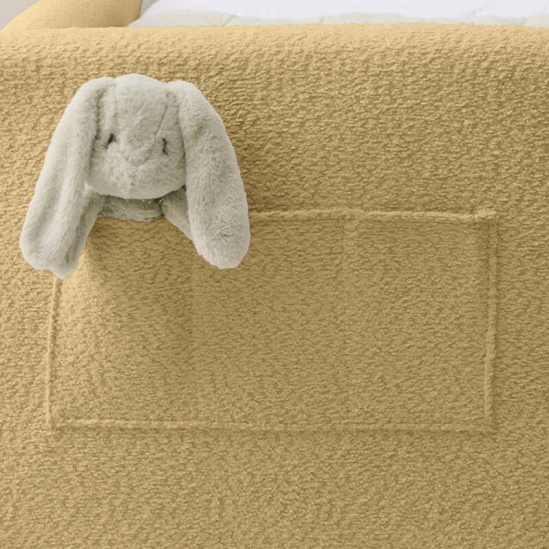 Twin Upholstered Platform Bed with Bunny Ear Headboard, Safety Rail & Pocket in Boucle Fabric